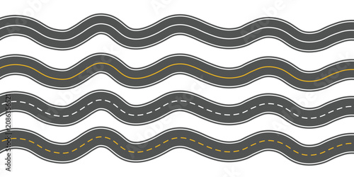 Fotografija Collection of curved wavy asphalt road segments with various lane markings isolated on a white background, useful for transportation design