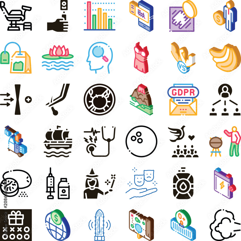 Fototapeta premium Set of different icon compositions representing a wide range of topics, including health, technology, finance, nature, social interaction, and abstract ideas
