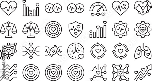 Bild auf Leinwand Cardiology and heart health outline icon set
