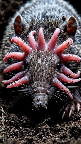 Close-up of star-nosed mole with pink tentacles.