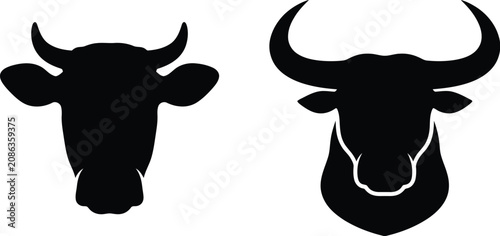 Canvas Print Two black bull silhouettes livestock head shapes for branding farming and ranchi