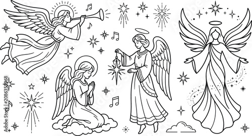 Tableau sur toile Christmas angel vector doodle set featuring praying cherub blowing trumpet starry night holy holiday line art illustrations