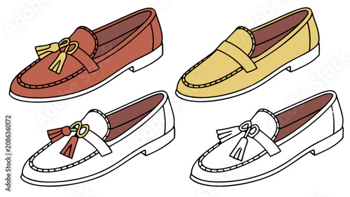 Bild auf Leinwand Set of Leather Loafers with Tassel and Penny Style Moccasin Shoes Vector Illustr