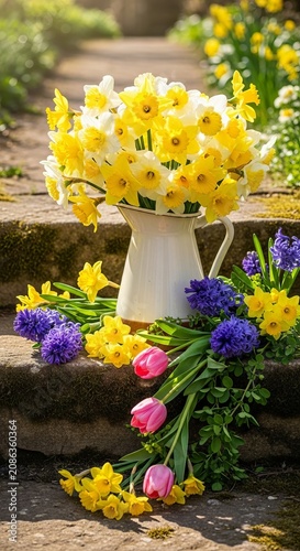 Vibrant Spring Flower Arrangement with Daffodils Tulips and Hyacinths on Stone Steps.