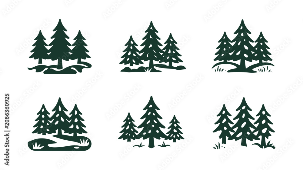 Obraz premium Set of minimalist pine tree vector icons for nature and forest concepts with evergreen woodland minimalist landscape