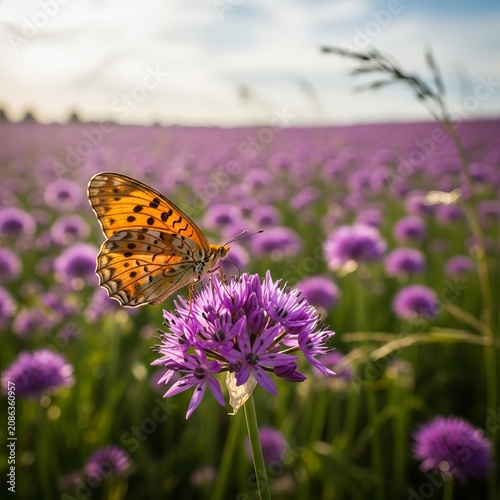 Beautiful Butterfly Resting on a Purple Flower in a Lavender Field at Sunset.