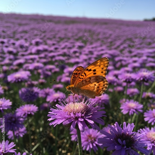 Vibrant Orange Butterfly Perched on a Purple Aster Flower in a Field.