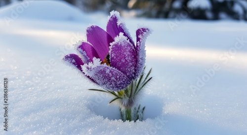 Purple crocus flower covered in frost in the snow.