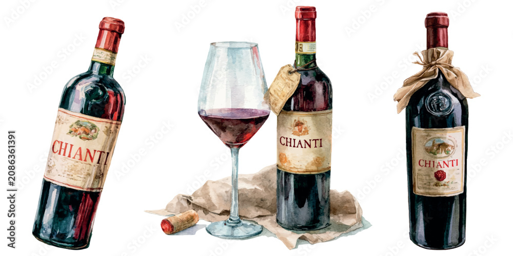 Obraz premium Chianti wine bottles and a glass of red wine watercolor illustration, depicting tuscan tradition, italian culture, quality beverage, and hospitality concepts