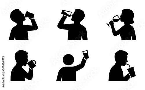 Εκτύπωση καμβά Silhouette Icons: People Drinking Beverages, Refreshment, Hydration, Lifestyle S