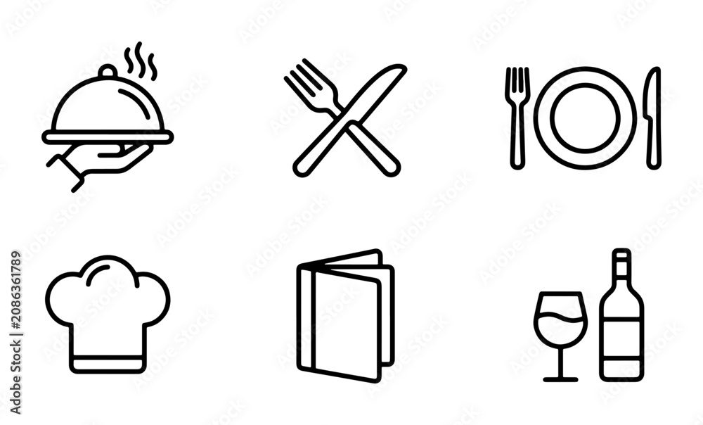 Fototapeta premium Restaurant Icons Set: Food Service, Dining, Chef, Menu, Wine Vector Graphics