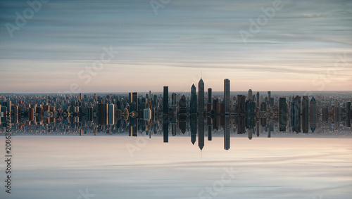 Abstract reflection of urban skyline at dawn, surreal cityscape mirroring in water.