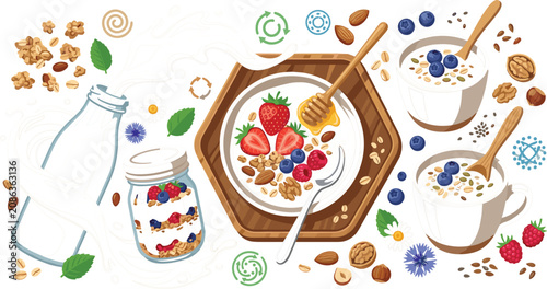 Healthy breakfast granola set with yogurt bowls berries honey bottle and nuts vector illustrationHealthy breakfast granola set with yogurt bowls berries honey bottle and nuts vector illustration