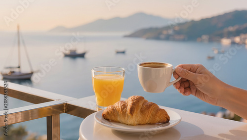 Balcony Breakfast: Coffee, Croissant, Orange Juice with Scenic Seaside View