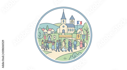 Obraz na płótnie Religious procession in French village with church and pilgrims