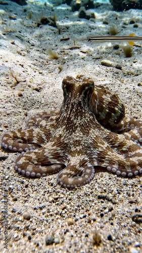 An octopus sitting on the sandy ocean floor looking up.