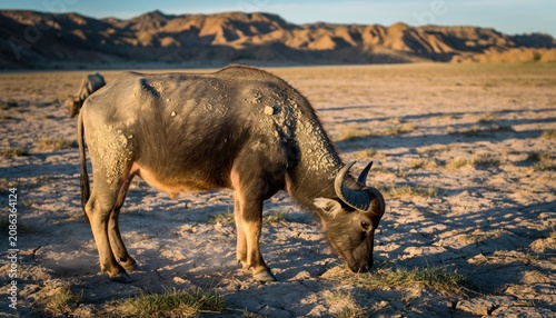 African buffalo grazing in a dry savanna landscape at golden hour
