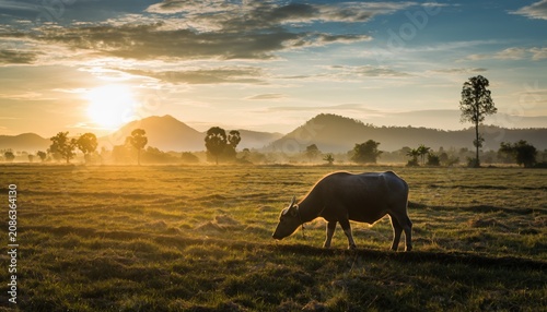 Grazing Water Buffalo at Sunrise in Misty Countryside Landscape