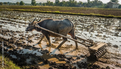 Water buffalo plowing a muddy rice field in a rural countryside at sunset