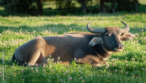 Water Buffalo Resting in Sunlit Meadow of Wildflowers