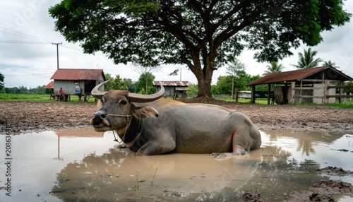 Water Buffalo Resting in Muddy Village Paddock Under Large Tropical Tree