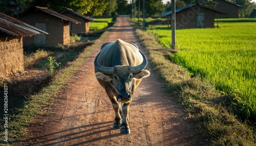Water buffalo walking along a rural village road beside rice fields at golden hour