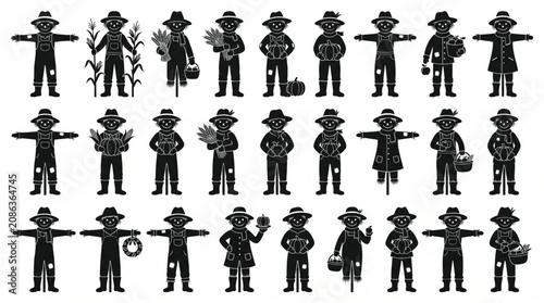 Konstfotografi Scarecrow silhouette icon set bundle with different farmer straw man poses for a