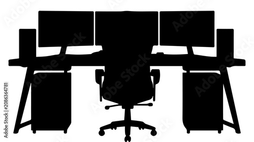 Photos Silhouette of Triple Monitor Computer Workstation with Office Chair and Dual PC