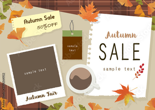 Autumn sale background with paper frames, photo frame, tag and coffee cup