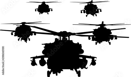 Foto Black Silhouette of Military Helicopters in Formation Vector Illustration