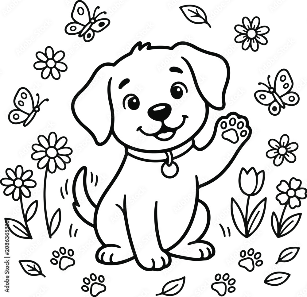 Fototapeta premium Cute Waving Puppy Coloring Page | Printable Dog Line Art for Kids
