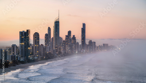City Skyline Beach Sunrise Fog Coastal Metropolis High-rise Buildings Ocean Waves