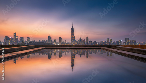 City Skyline Reflection At Sunset, Modern Architecture, Urban Landscape