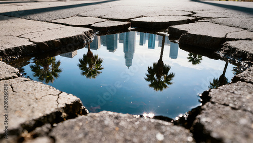 City skyline reflection in cracked pavement puddle, palm trees, urban environment