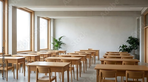 Empty classroom interior with wooden desks and large windows