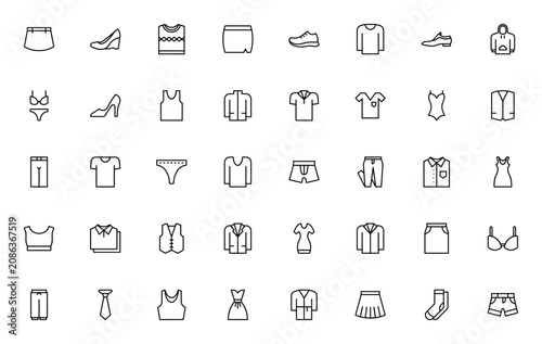 Clothes icon set. Fashion vector icon pack. Minimalist fashion icons. Includes symbols for skirt, shirt, shoes, dress, jacket and more. Editable vector stroke.