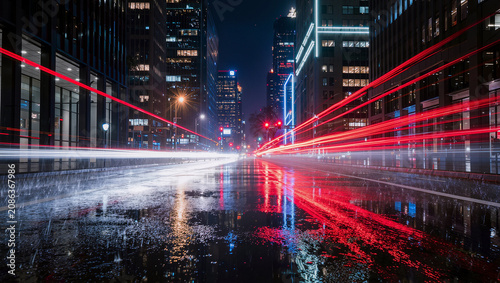 Cityscape Night Light Trails Wet Street Reflection