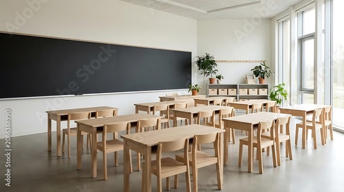 Empty classroom setting with wooden desks and blackboard