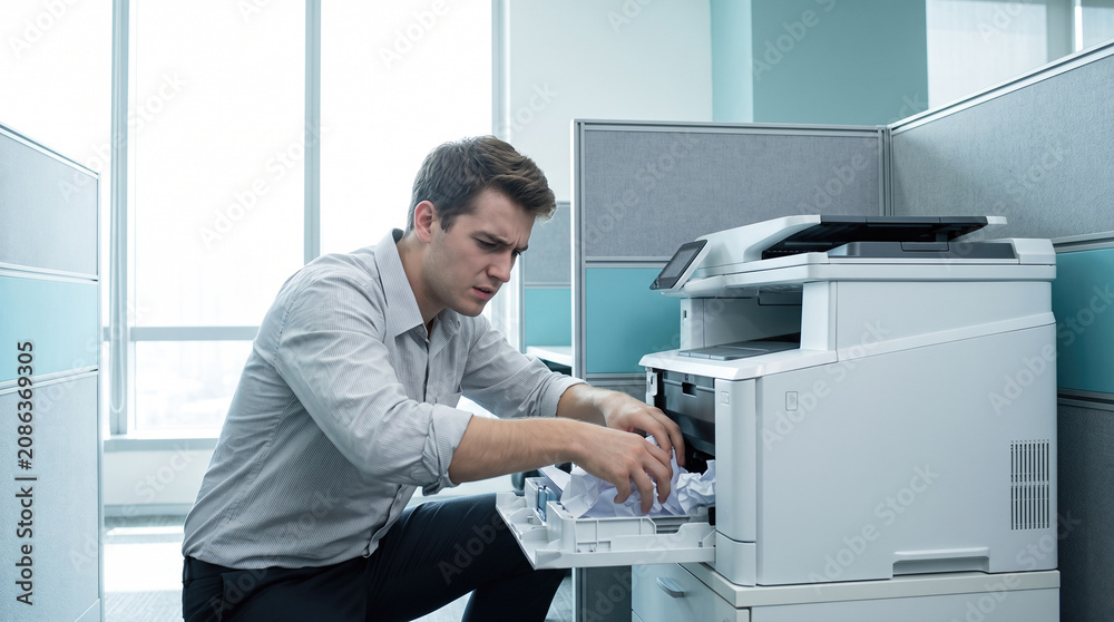 Obraz premium Stressed angry corporate office worker trying to fix broken malfunctioning printer machine pulling jammed crumpled paper while sitting in modern business workspace