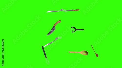 Collage of kitchen utensils falling against a vibrant green background