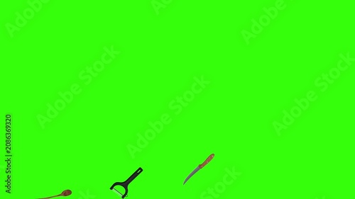 Collage of kitchen utensils falling against a vibrant green background