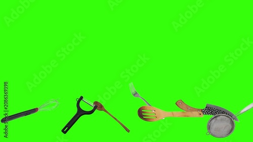 Collage of kitchen utensils falling against a vibrant green background