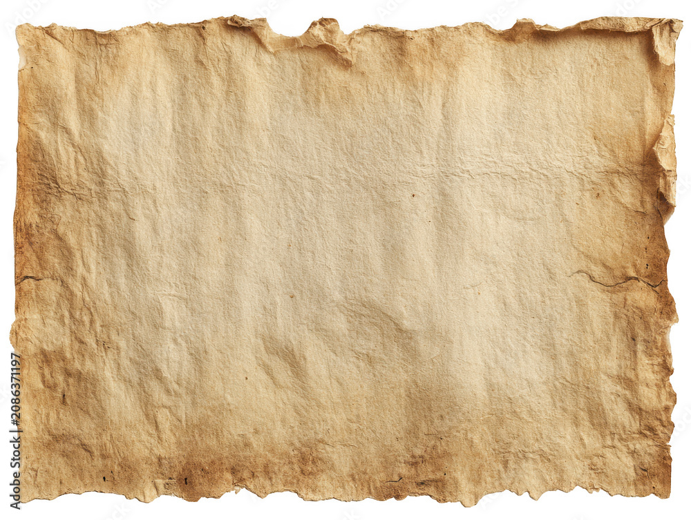 Fototapeta premium Old vintage parchment paper sheet with rough edges isolated on transparent background for historical documents