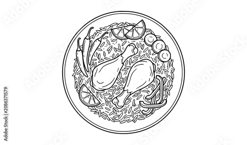 Bild auf Leinwand Chicken Pulao Biryani Monochrome Line Art Vector with Basmati Rice Chicken Legs