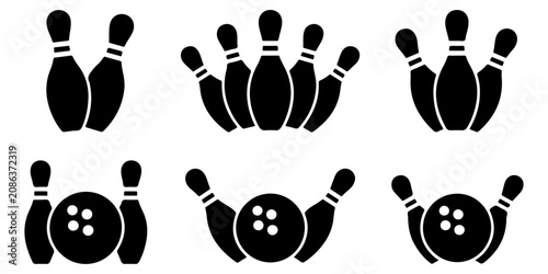 Schilderij op canvas Bowling icon set featuring pins and bowling ball silhouettes in multiple arrange