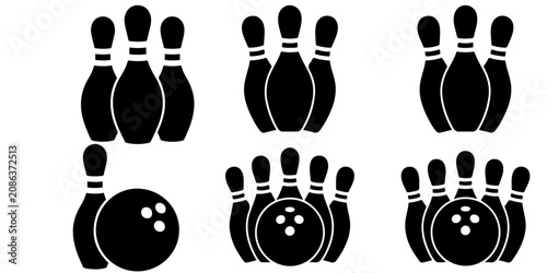 Photos Bowling icon set featuring pins and bowling ball silhouettes in multiple arrange