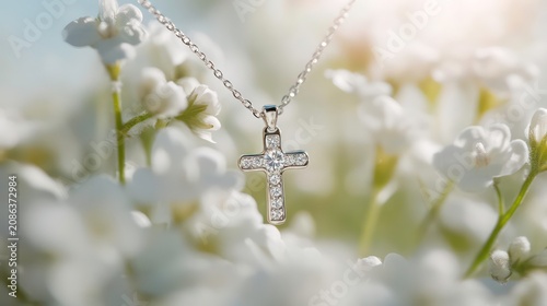 Diamond Faith Amidst Purity: A sparkling diamond cross necklace rests serenely upon a bed of delicate white flowers, symbolizing faith, hope, and spiritual devotion