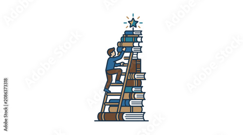 Photos Man climbing stack of books high.