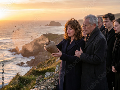 Woman scattering ashes at sunset on cliffside with mourners nearby  
