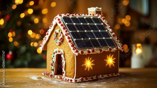 Gingerbread house decorated with icing and candy, featuring solar panels on the roof, perfect for sustainable Christmas themes, eco-friendly holidays, or festive baking projects.